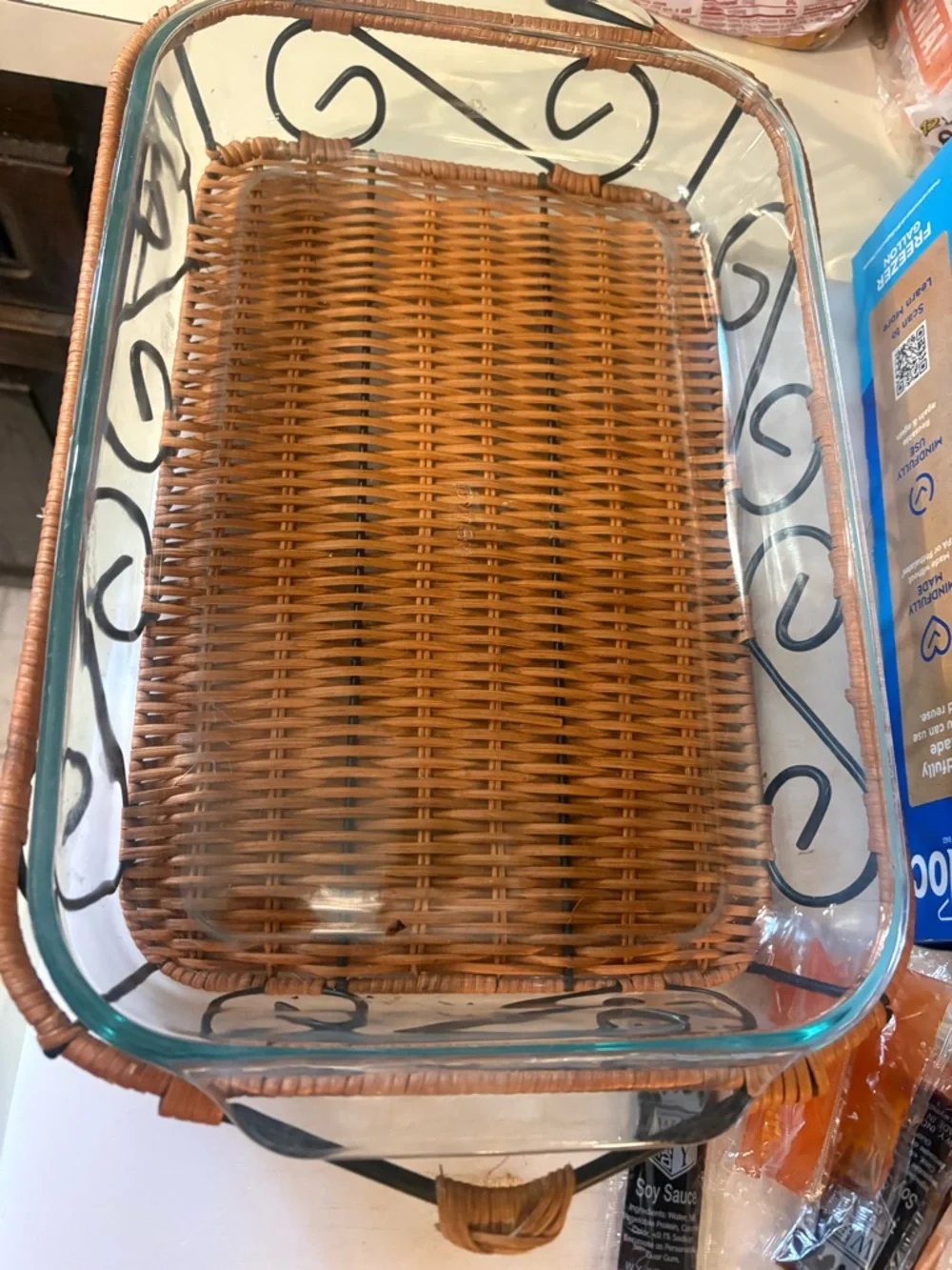 Woven Rattan and Glass Serving Dish - Brown